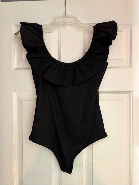 Express Tops - Express Black Ruffled Neck Bodysuit